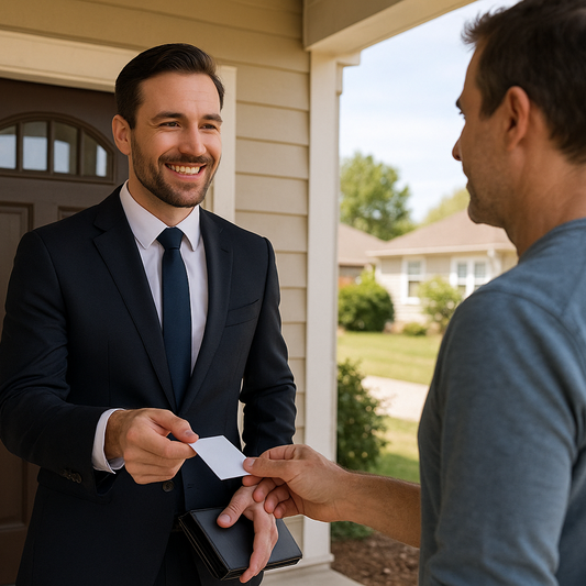 a real estate agent handing a business card to a home owner at their front door